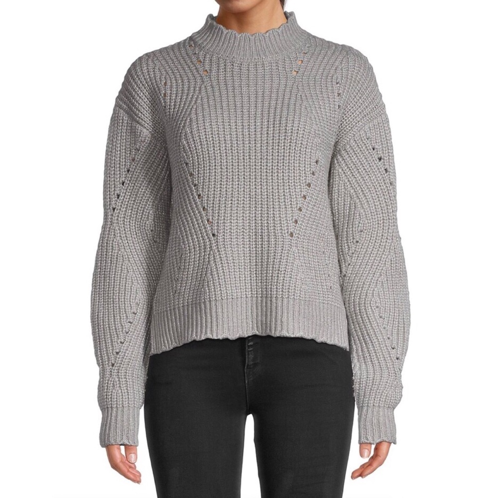 21 Main Scalloped Pointelle Rib-Knit Sweater, M